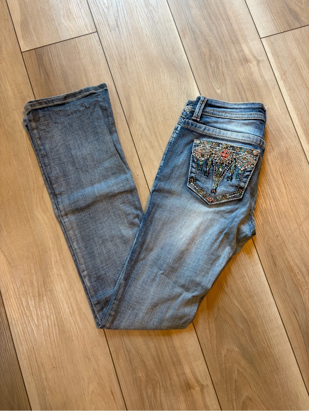Grace Light Blue Bootcut Jeans with Beaded Embroidered Back Pocket
